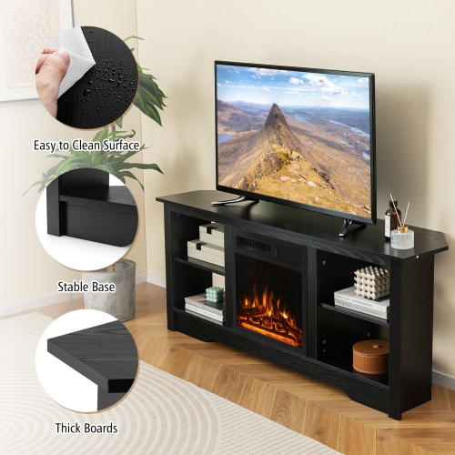 Gymax 58'' Fireplace TV Stand w/ 18'' 1500W Electric Fireplace Adjustable Brightness Black
