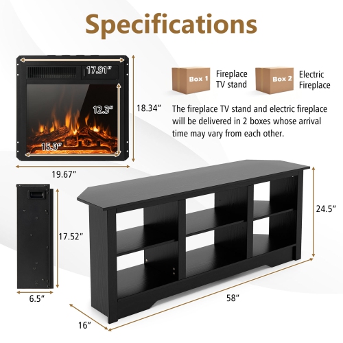 Gymax 58'' Fireplace TV Stand w/ 18'' 1500W Electric Fireplace Adjustable Brightness Black