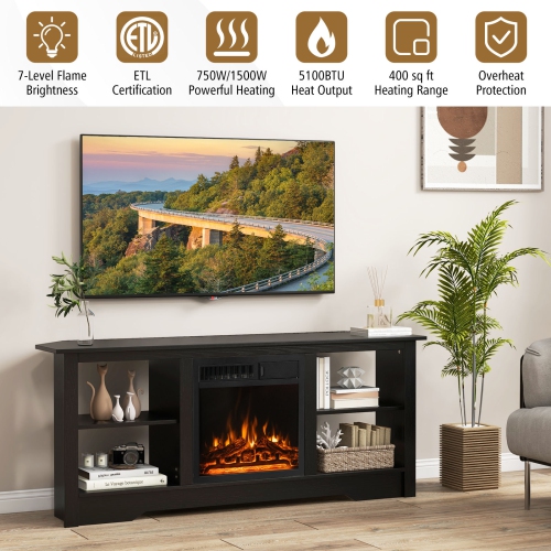 Gymax 58'' Fireplace TV Stand w/ 18'' 1500W Electric Fireplace Adjustable Brightness Black