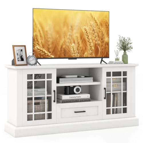 GYMAX  Farmhouse Tv Stand for Tvs Up to 70" Media Center W/glass Doors Cubbies & Drawer