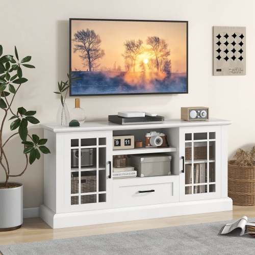 Gymax Farmhouse TV Stand for TVs up to 70'' Media Center w/Glass Doors Cubbies & Drawer