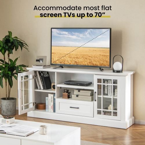 Gymax Farmhouse TV Stand for TVs up to 70'' Media Center w/Glass Doors Cubbies & Drawer