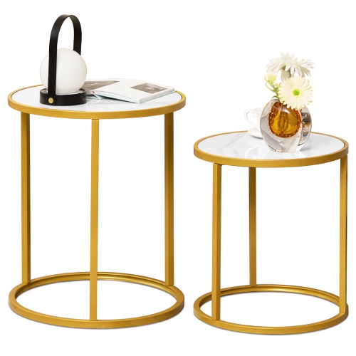 GYMAX  2PCs Marble Top Round Side Table W/ Golden Metal Frame Anti-Slip Foot Pads