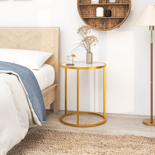 Gymax 2PCS Marble Top Round Side Table 19.5''x19.5'' End Table w/Golden Metal Frame Gold