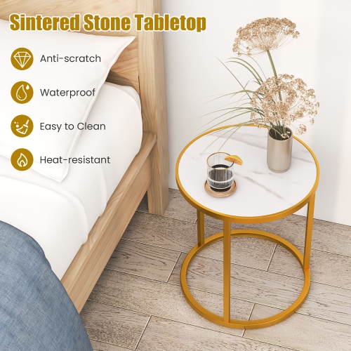 Gymax 2PCS Marble Top Round Side Table 19.5''x19.5'' End Table w/Golden Metal Frame Gold
