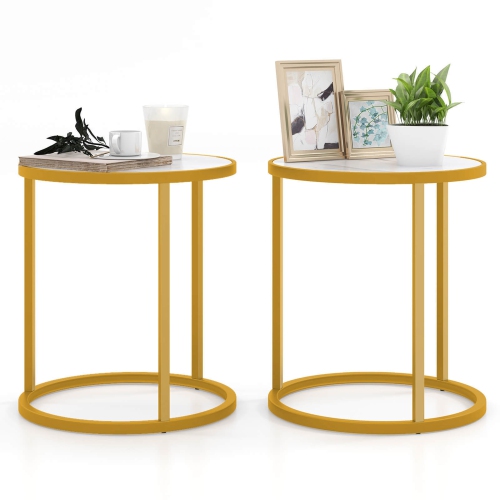 GYMAX  2PCs Sintered Stone Top Round Side Table 16"x16" End Table W/ En Metal Frame In Gold