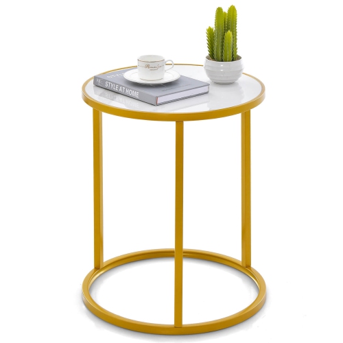 GYMAX  Sintered Stone Top Round Side Table 16"x16" End Table W/ En Metal Frame In Gold