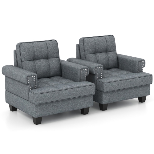 GYMAX  2 PCs Mid-Century Modern Accent Armchair With Thick Pillow & Cushion Studded Chair