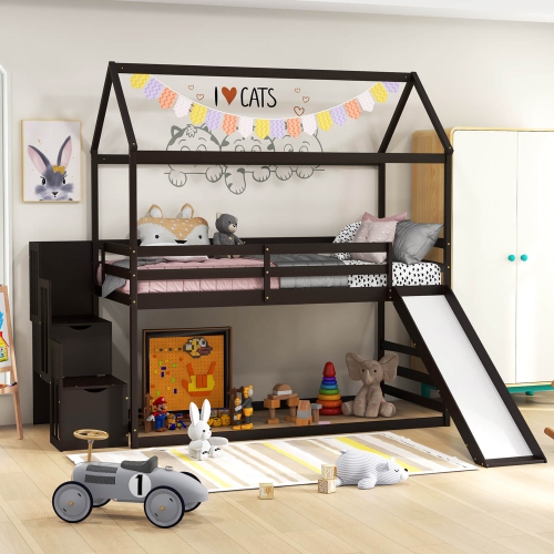 GYMAX  Loft Bed W/ Slide & Storage Staircase Twin Over Twin House-Shaped Bunk Bed