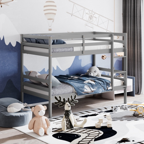Gymax Twin Over Twin Wood Bunk Beds W/Ladder & Safety Rail Pine Wood Bunk Bed Gray