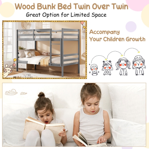 Gymax Twin Over Twin Wood Bunk Beds W/Ladder & Safety Rail Pine Wood Bunk Bed Gray