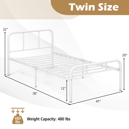Gymax 12-Inch Twin Bed Frame Modern Metal Platform Bed w/ Headboard & Footboard White
