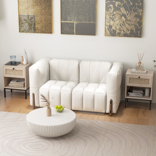 Gymax 2PCS Rattan Nightstand Boho End Table w/ Drawer & Open Shelf for Living Room Oak