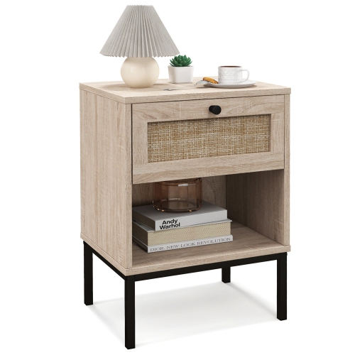 Gymax Rattan Nightstand Boho End Table with Drawer & Open Shelf for Living Room Oak