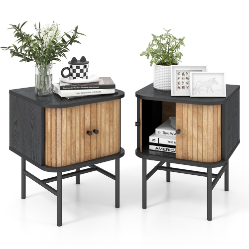GYMAX  Set Of 2 Nightstand Compact Modern End Side Table With Sliding Doors