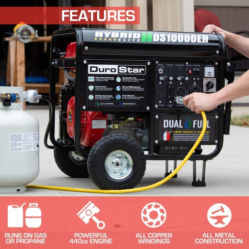 DUROSTAR DS10000EH Dual Fuel Portable Generator - 8000/10000 Watt Electric Start - Home Back Up & RV Ready, Red/Black