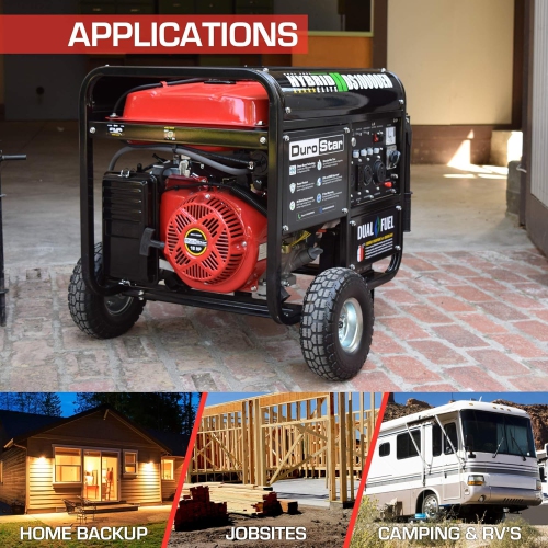 DUROSTAR DS10000EH Dual Fuel Portable Generator - 8000/10000 Watt Electric Start - Home Back Up & RV Ready, Red/Black