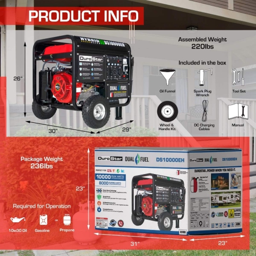 DUROSTAR DS10000EH Dual Fuel Portable Generator - 8000/10000 Watt Electric Start - Home Back Up & RV Ready, Red/Black