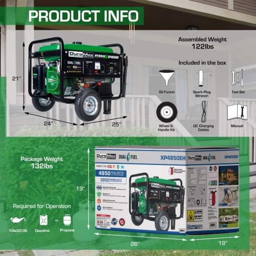 Duromax XP4850EH 3850 Running Watts/4850 Starting Watts Dual Fuel Electric Start Portable Generator
