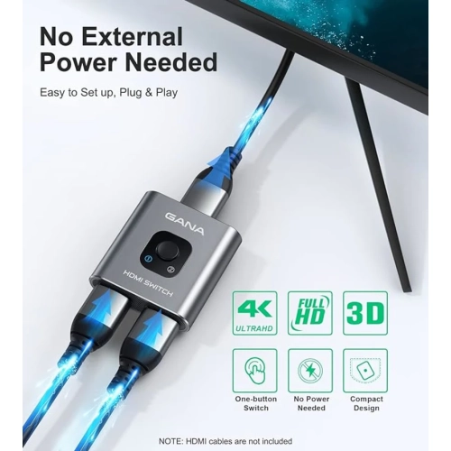 Prime 4K HDMI Switcher - Aluminum Bi-Directional HDMI Switch 1x2 or 2x1, Supports 4K 3D HD 1080P for Xbox, PS4, Roku, HDTV, and More - Stylish