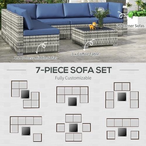 Outsunny 7 Piece Patio Furniture Set, PE Rattan Outdoor Conversation Set with Sectional Sofa, Glass Tabletop, Cushions and Pillows for Garden, Lawn,