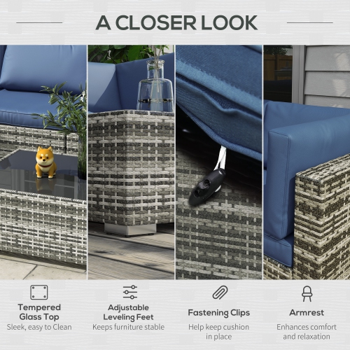 Outsunny 7 Piece Patio Furniture Set, PE Rattan Outdoor Conversation Set with Sectional Sofa, Glass Tabletop, Cushions and Pillows for Garden, Lawn,