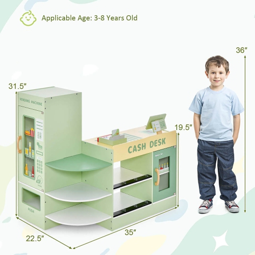 Gymax Wooden Supermarket Play Toy Set Kids Grocery Store Playset w/ Checkout Counter