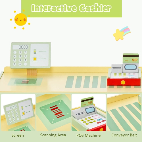 Gymax Wooden Supermarket Play Toy Set Kids Grocery Store Playset w/ Checkout Counter