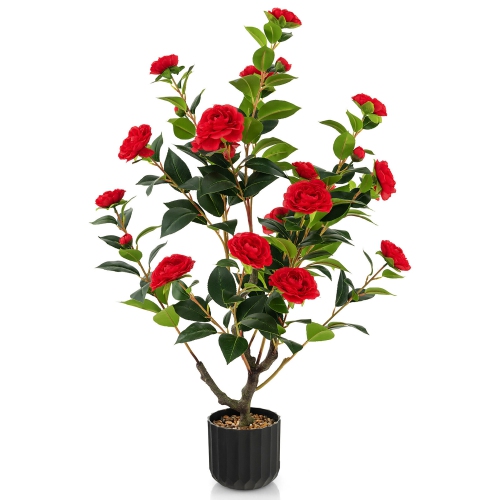 GYMAX  38" Artificial Camellia Tree Faux Floral Plant Fake Tree for Decoration In Red