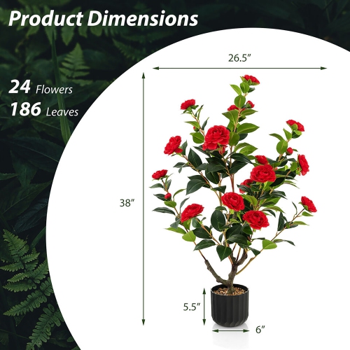 Gymax 38'' Artificial Camellia Tree Faux Floral Plant Fake Tree for Decoration Red