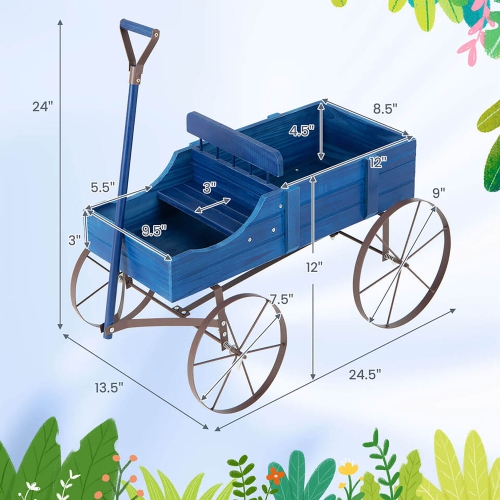 Gymax Patiojoy Wooden Garden Flower Planter Wagon Plant Bed W/ Wheel Garden Yard Blue