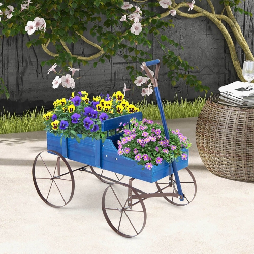 Gymax Patiojoy Wooden Garden Flower Planter Wagon Plant Bed W/ Wheel Garden Yard Blue
