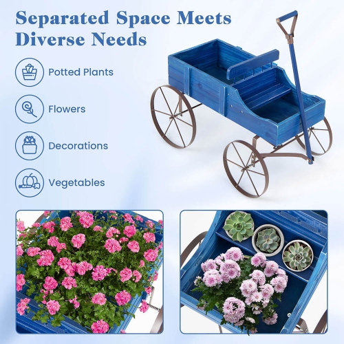 Gymax Patiojoy Wooden Garden Flower Planter Wagon Plant Bed W/ Wheel Garden Yard Blue