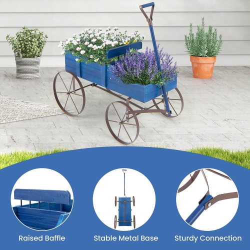Gymax Patiojoy Wooden Garden Flower Planter Wagon Plant Bed W/ Wheel Garden Yard Blue
