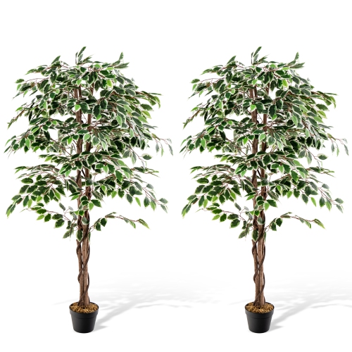 Gymax Artificial Ficus Tree Tall Faux Indoor Plant w/ 1008 Leaves Natural Wood Trunk