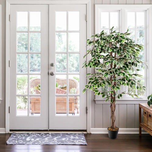 Gymax Artificial Ficus Tree Tall Faux Indoor Plant w/ 1008 Leaves Natural Wood Trunk