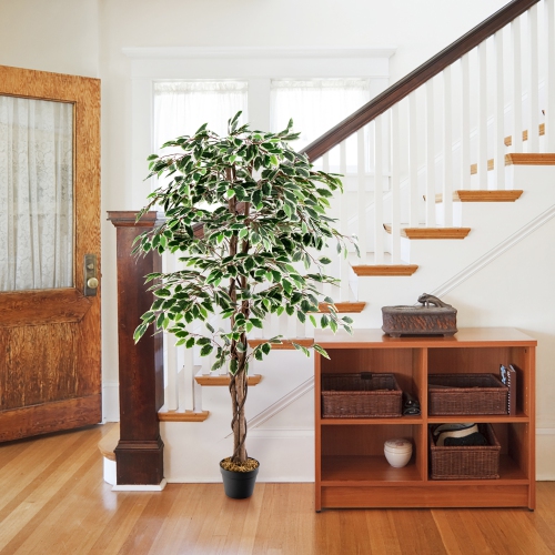Gymax Artificial Ficus Tree Tall Faux Indoor Plant w/ 1008 Leaves Natural Wood Trunk