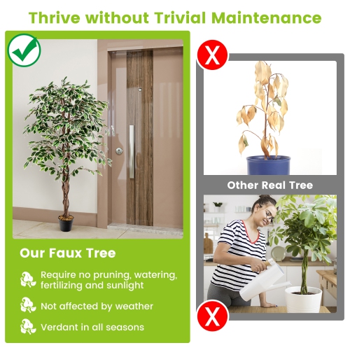 Gymax Artificial Ficus Tree Tall Faux Indoor Plant w/ 1008 Leaves Natural Wood Trunk