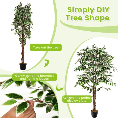 Gymax Artificial Ficus Tree Tall Faux Indoor Plant w/ 1008 Leaves Natural Wood Trunk