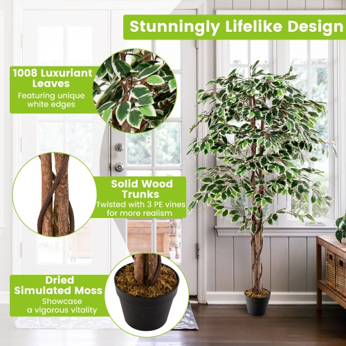 Gymax Artificial Ficus Tree Tall Faux Indoor Plant w/ 1008 Leaves Natural Wood Trunk