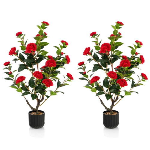 GYMAX  2-Pack 38" Artificial Camellia Tree Faux Floral Plant for Decoration In Red