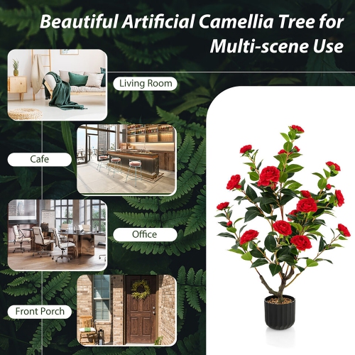 Gymax 2-Pack 38'' Artificial Camellia Tree Faux Floral Plant for Decoration Red