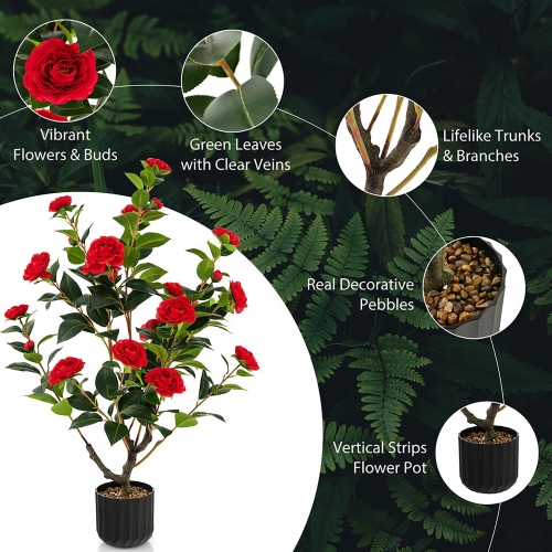 Gymax 2-Pack 38'' Artificial Camellia Tree Faux Floral Plant for Decoration Red