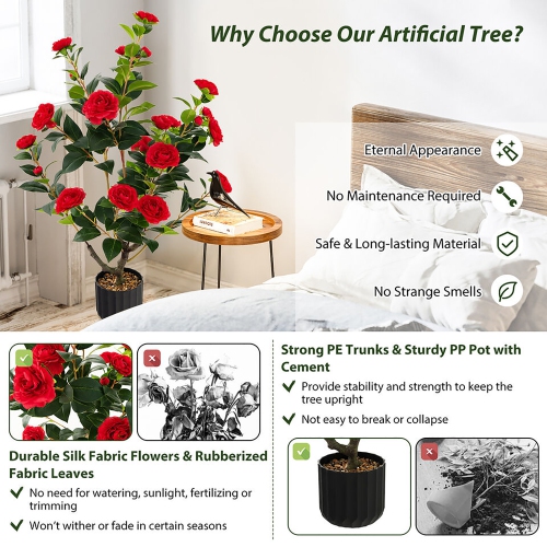 Gymax 2-Pack 38'' Artificial Camellia Tree Faux Floral Plant for Decoration Red