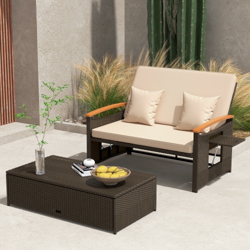 GYMAX  Patio Rattan Daybed Set W/ Cushioned Loveseat & Storage Ottoman