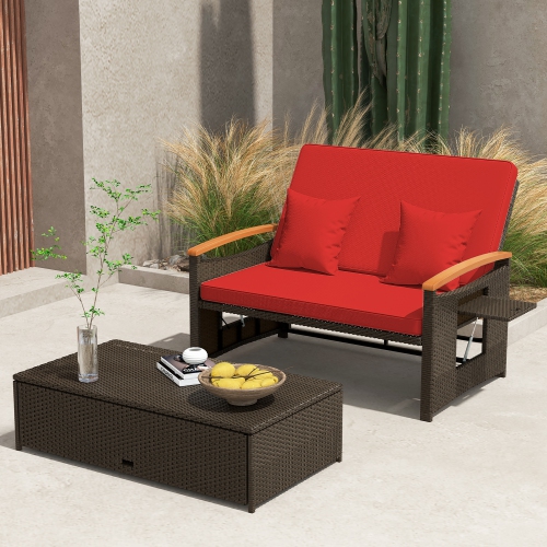 Gymax Patio Rattan Daybed Set w/ Cushioned Loveseat & Storage Ottoman