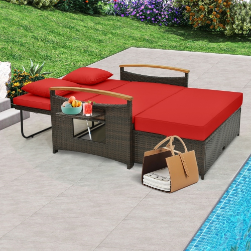 Gymax Patio Rattan Daybed Set w/ Cushioned Loveseat & Storage Ottoman