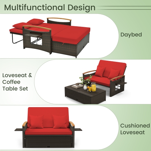 Gymax Patio Rattan Daybed Set w/ Cushioned Loveseat & Storage Ottoman