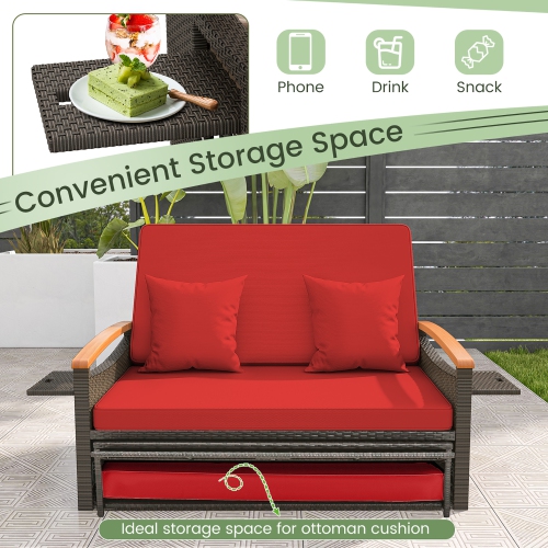 Gymax Patio Rattan Daybed Set w/ Cushioned Loveseat & Storage Ottoman