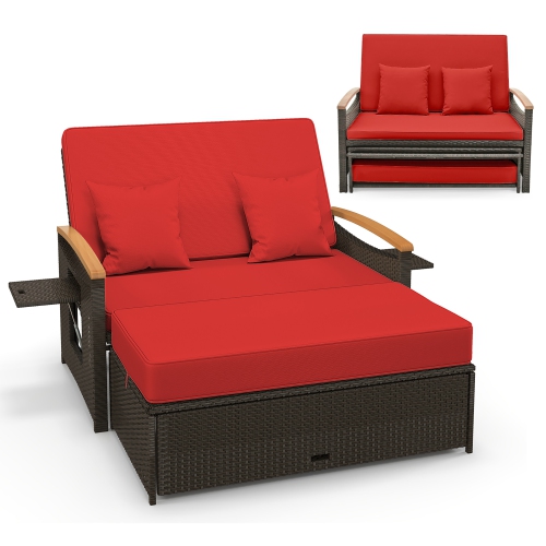Gymax Patio Rattan Daybed Set w/ Cushioned Loveseat & Storage Ottoman